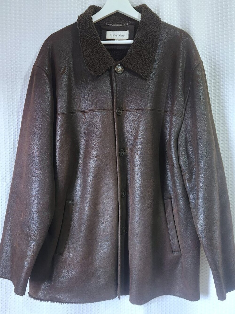 Calvin Klein Mens XL Faux Leather Car Coat Sherpa Fleece Lined Brown Jacket XL